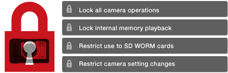 Lock all camera operations Lock internal memory playback Restrict use to SD WORM cards Restrict camera setting changes